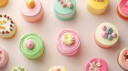 A colorful array of small, decorated cakes arranged on a surface.