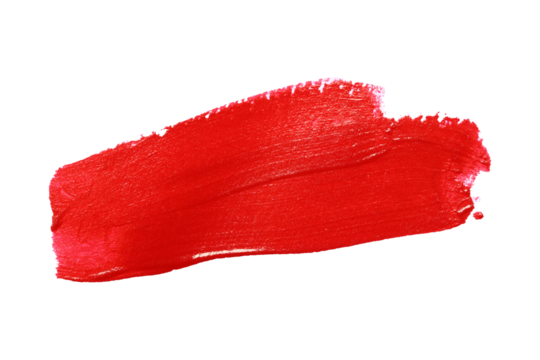 Close up vibrant red paint stroke set against with transparent image of PNG format extension.