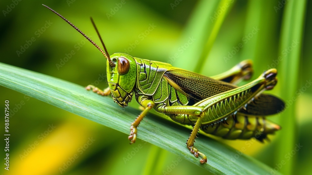 Aufkleber a close-up of a grasshopper resting on a blade of grass, highlighting its vibrant green color and th