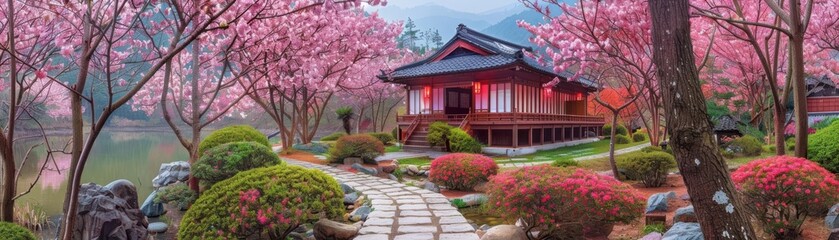Fototapeta premium A breathtakingly realistic and vibrant photo of a sprawling flower garden, filled with blooming roses, lilies, and other exotic blooms