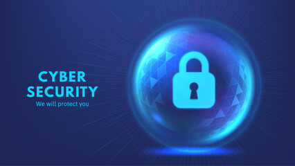 Secure lock. Cybersecurity shield sphere with glowing lock icon, digital data protection field and network defense. Online protection vector concept illustration