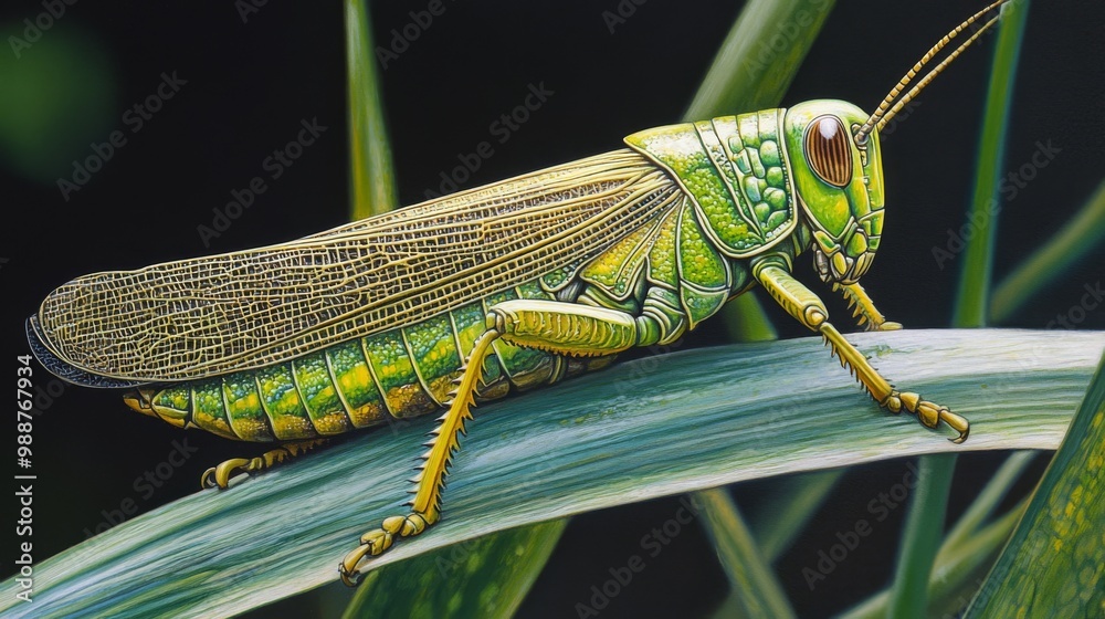 Poster A close-up of a grasshopper resting on a blade of grass, highlighting its vibrant green color and the intricate patterns on its wings