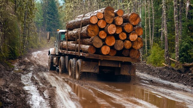 A Heavy Logging Truck Transporting Timber Through Dense Forest, Navigating Tough Terrain