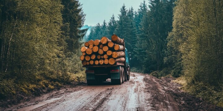 A Heavy Logging Truck Transporting Timber Through Dense Forest, Navigating Tough Terrain