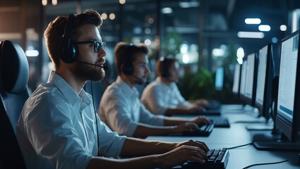 A dedicated group of professionals engage in serious work at their computers, demonstrating teamwork in a modern office filled with innovative technology and ambiance.