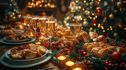 Christmas dinner table filled with holiday treats, flickering candles, and charming decorations, embodying the warmth and joy of family gatherings
