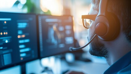 Engaged in a Digital Realm: A Tech Worker Concentrates on Dual Screens, Navigating Complex Data and Information in a Dynamic Workspace, Captured in a Warm Glow of Productivity.