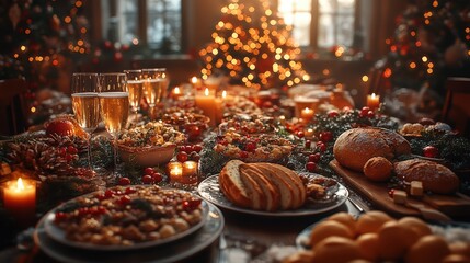 Christmas dinner table filled with holiday treats, flickering candles, and charming decorations, embodying the warmth and joy of family gatherings