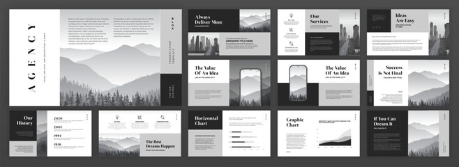 Creative Powerpoint presentation template set. Modern Keynote presentation background, brochure cover design, brand guidelines, proposal presentation, annual report, company profile, pitch deck.