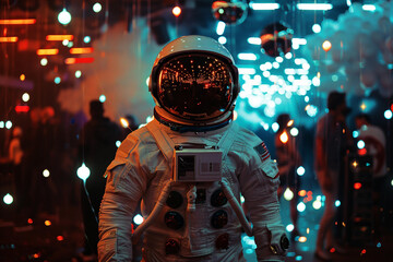 Futuristic neon photo image young people dancing nightclub nightlife pop style, Generative AI