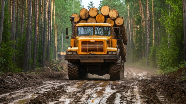 A Heavy Logging Truck Transporting Timber Through Dense Forest, Navigating Tough Terrain
