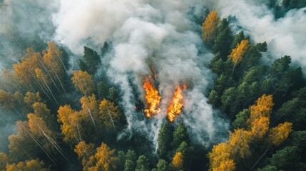Fototapeta premium A forest fire is raging through a forest, with smoke billowing into the sky