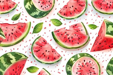 A vibrant pattern of watermelon slices and leaves on a white background.