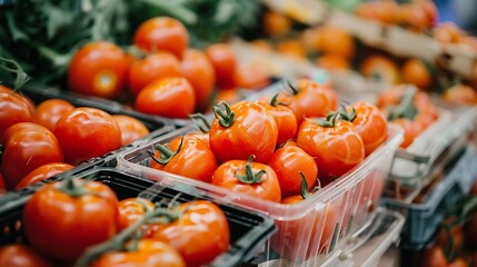 A close up view of fresh tomatoes in containers for sale on the market