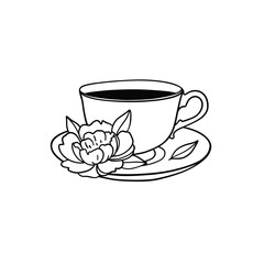 Cup of coffee with peony flower, beautiful hand drawn line art illustration. Vector coffee clipart. 