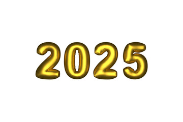 2025 Year Glossy Inflated Balloon Yellow Golden Numbers over Transparent Background. 3d Render with Alpha Channel