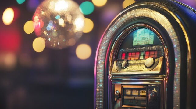 Vintage jukebox, disco ball, and colorful bokeh lights creating a lively bar atmosphere with retro vibes and energetic party ambiance