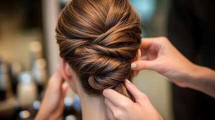 Close-up of professional hairdresser creating elegant French twist hairstyle. Detailed shot of hands styling hair for a sophisticated and formal look