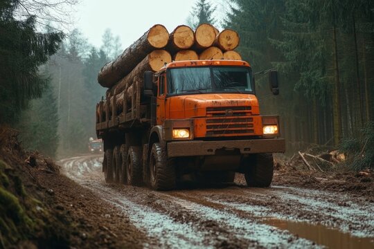 A Heavy Logging Truck Transporting Timber Through Dense Forest, Navigating Tough Terrain