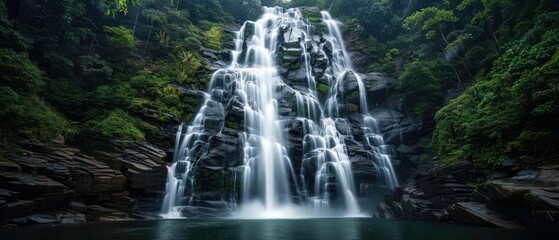 Fototapeta premium A stunningly detailed and lifelike photo of a majestic waterfall, cascading down a rocky cliff into a shimmering pool below surrounded by lush greenery
