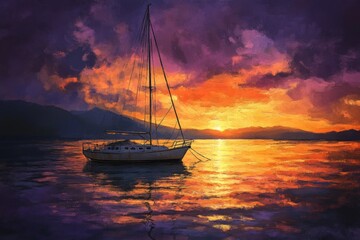 Fototapeta premium A serene sunset scene featuring a sailboat gently floating on calm waters. Vibrant colors paint the sky and reflections in water create a dreamy atmosphere. Generative AI