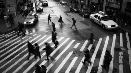Obraz premium Busy Urban Intersection at Night with Pedestrians and Traffic in Black and White