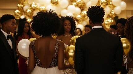 Group of multi-ethnic teenagers at prom, wearing formal prom dresses and tuxedos, holding gold and white balloons indoors at night. A moment of celebration, friendship, and joy together