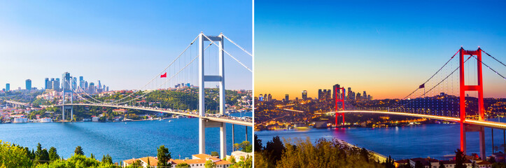 Obraz premium Istanbul Bosphorus Bridge or 15th July Martyrs Bridge with Istanbul panorama cityscape. Two images made during summer sunny day and during evening sunset. Istanbul, Turkiye.