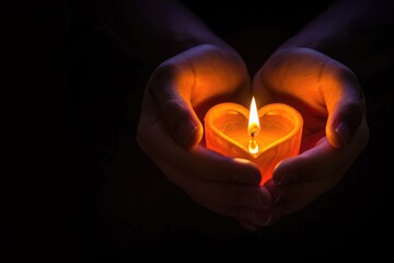 Hands Candle. Care and Warmth Concept with Burning Candle in Dark Setting