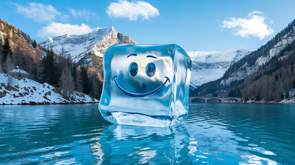 Smiling ice cube in a frozen lake with snowy mountains and a bridge in the background  - Winter wonderland joy. 
