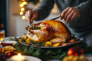 Happy Thanksgiving, big family dinner with turkey feast home celebration, Generative AI