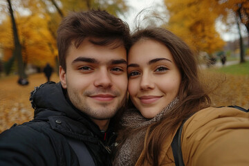 Fototapeta premium Amazing wonderful autumn season, people admiring golden fall colors outdoors, Generative AI