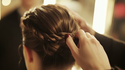 Fototapeta premium Close-up of professional hairdresser creating elegant French twist hairstyle. Detailed shot of hands styling hair for a sophisticated and formal look