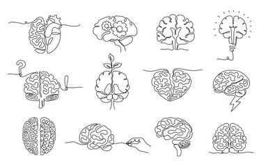 One line continuous human brains. Innovation growth, mental health, creative thinking idea, heart and brain minimalist concept art vector illustration set