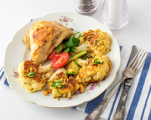 Deliciously plated roasted chicken with cauliflower cakes and fresh tomatoes served on a floral-patterned china plate