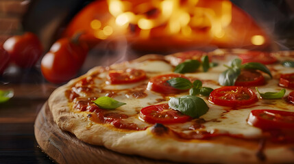 Close-up of a Delicious Pizza with Tomatoes and Basil