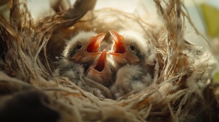 Obraz premium A close-up of fluffy baby birds nestled together in a cozy nest, their beaks wide open, eagerly awaiting food from their parent, capturing the essence of new life.