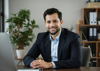 new team leader sits, business casual clothes suit and modern attire, professional growth, simple blurry background at mid-morning, binders, intelligent person portrait