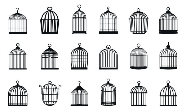 Empty decorative bird cage black icons set. Metal animal transport hanging prison cages. Depicted without birds symbol of freedom and space. App website sticker design element. Simple black and white