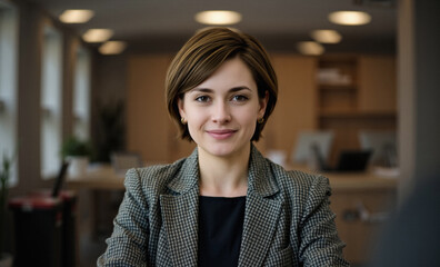 Fototapeta premium tweed blazer trusted sales representative who is managing the role, professionalism and closeness, blurred backdrop at morning, inspiring person portrait