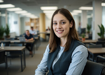 Obraz premium millennial research assistant interviews for role, inclusivity and diversity, crisp modern attire and waistcoat, considered and graceful, light blue dark brown dark green, inspiring person portrait