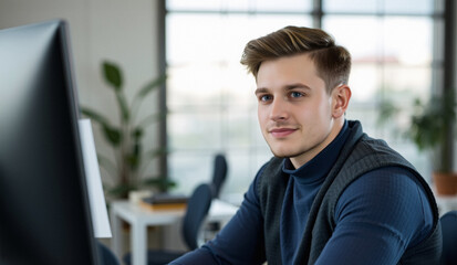 smart casual clothing vest and pullover, millennial team leader sits, workplace mentorship, white dark blue, vignette background at noon, inspiring person portrait