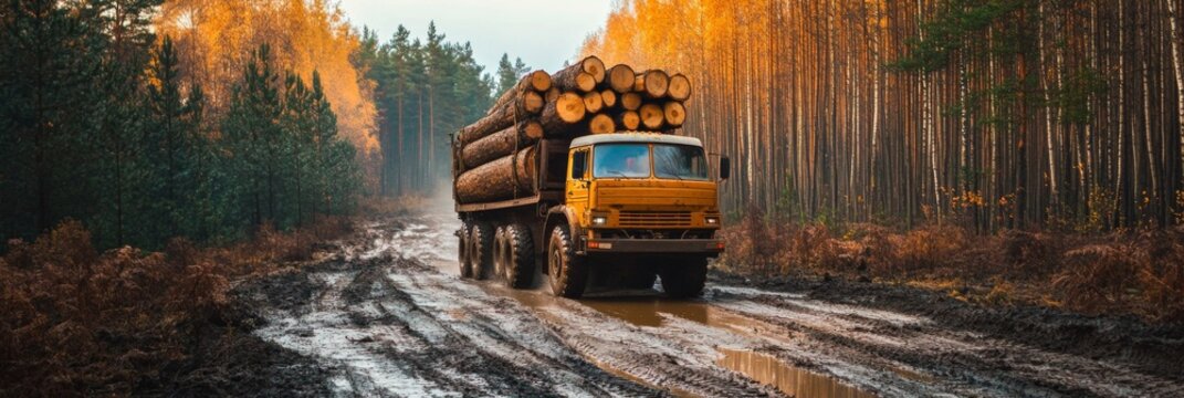 A Heavy Logging Truck Transporting Timber Through Dense Forest, Navigating Tough Terrain