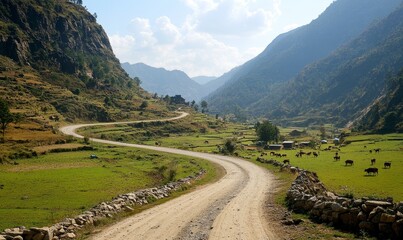 Fototapeta premium Winding road through a lush green valley.