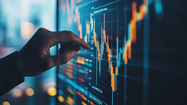 A close-up of a hand interacting with a digital stock market chart during evening hours, illustrating market trends and data analysis