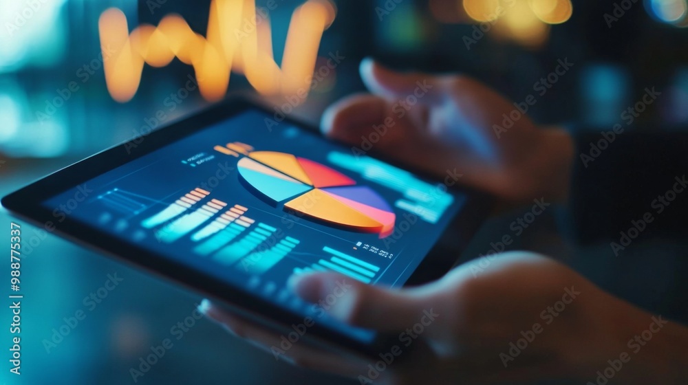 Aufkleber A close-up of hands holding a tablet showing a 3D pie chart, with graphs and analytics in the background, illustrating financial data.