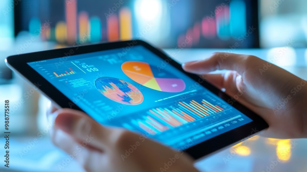 Aufkleber A close-up of hands holding a tablet showing a 3D pie chart, with graphs and analytics in the background, illustrating financial data.