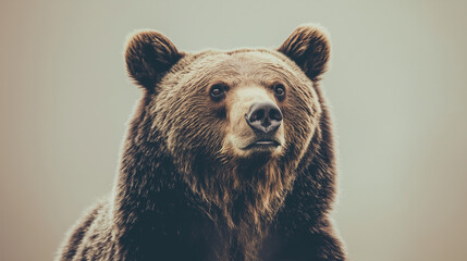 Obraz premium a bear with dense brown fur and a powerful build against an isolated light ivory background, the soft light casts gentle shadows on the bear, creating intricate patterns