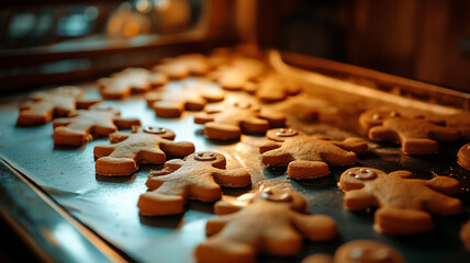 Bandeja con galletas de jengibre en forma de personas, listas para cocer en el horno.