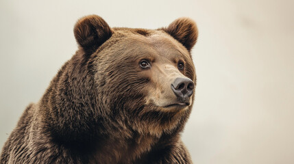 Fototapeta premium a bear with dense brown fur and a powerful build against an isolated light ivory background, the soft light casts gentle shadows on the bear, creating intricate patterns